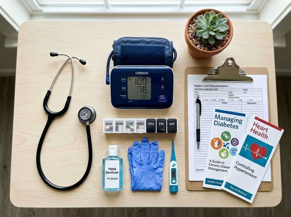 Professional nursing care tools including stethoscope, blood pressure cuff, pill organiser, and patient documentation — the tools of RN-led home care