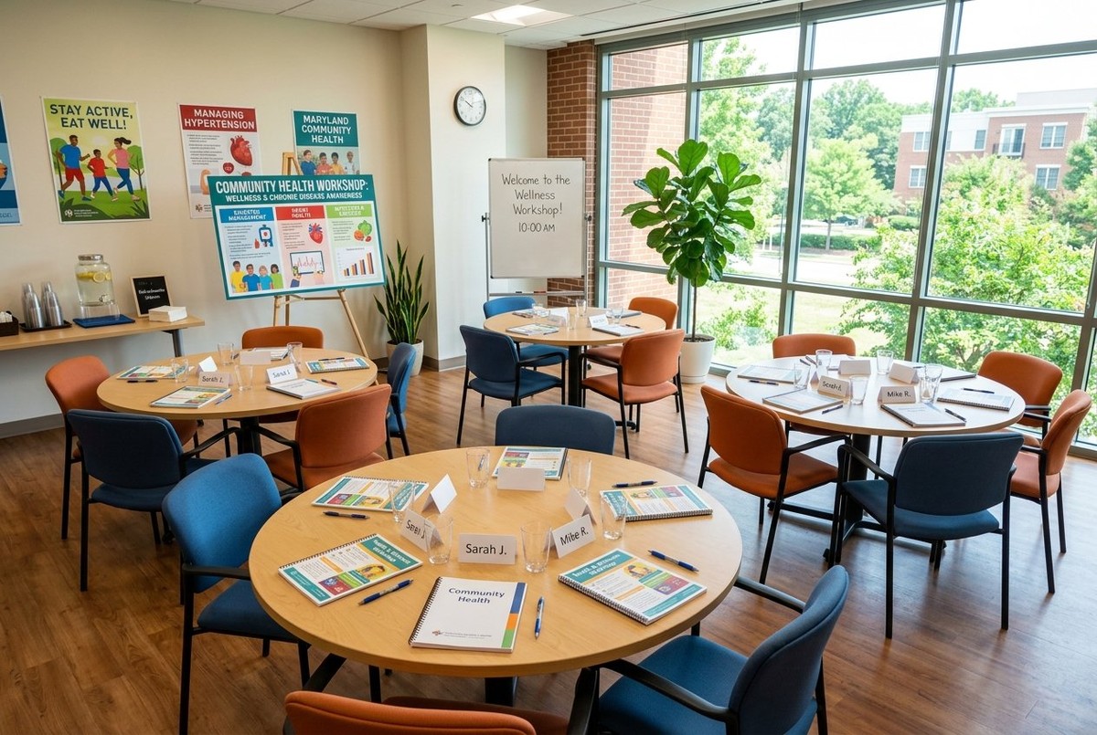 A Maryland Community Health workshop room set up for a wellness and chronic disease awareness session